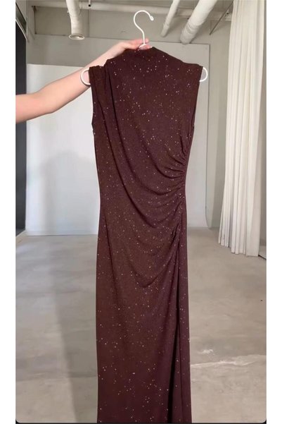heree Women's Silvery Long Evening Dress with Shiny Stone Detail, Stylish Evening Gown