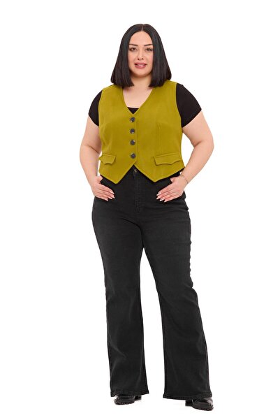 DISENTIS MODEST Plus Size Buttoned Pocket Flap Lined Short Cashmere Green Vest