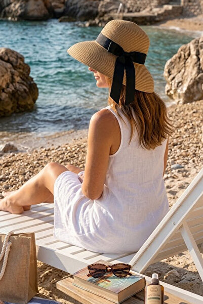 Ritagarcia Γυναικείο ψάθινο καπέλο παραλίας - Μοντέλο καμπάνας με φαρδύ γείσο...