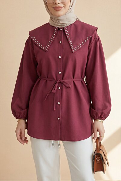 Modamorfo Πουκάμισο με φαρδύ γιακά, πέτρες στο λαιμό, ελαστικά μανίκια και κο...