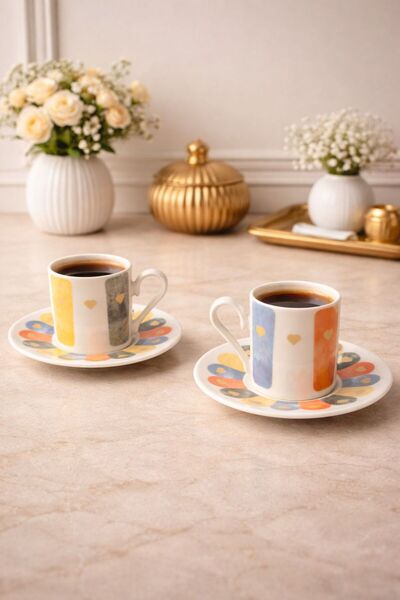 YzHome 2 Kişilik Porselen Soft Renkli Kahve Fincan Takımı Seti 90ml
