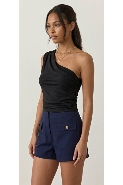 By Caspita Fashion Γυναικεία μπλούζα Lenithra με ασύμμετρη κοπή και κορδόνι π...