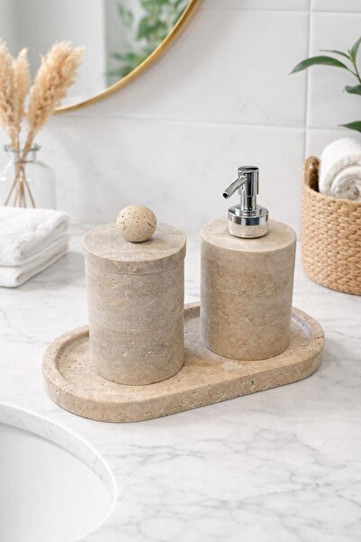 Modestmar Doğal Traverten Banyo Seti – 3 Parça Traverten Top Obje