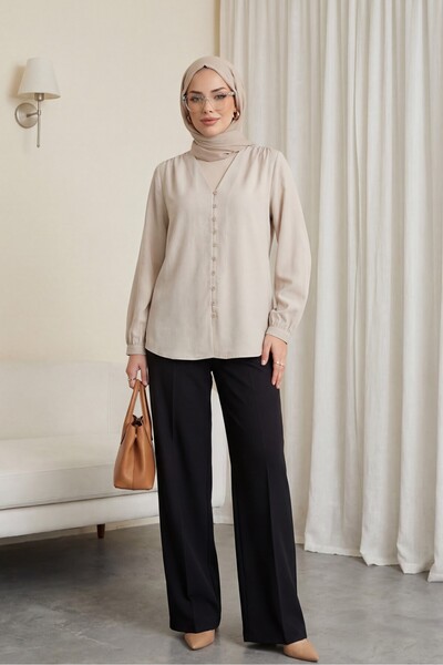 Modamorfo Πουκάμισο με λαιμόκοψη V και κουμπιά στην πλάτη - κρεμ