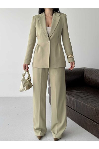 MYGİYİMİSTANBUL Pleated Waist Jacket and Wide-Leg Pants Suit