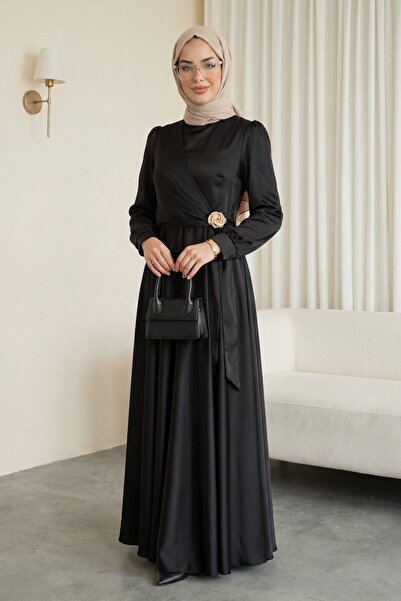 Modamorfo Satin evening dress with side lace buckle - black