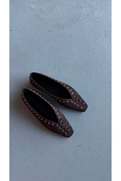 Eataly Shoes Μπαλαρίνες Lunera Acıkahve με τετράγωνη φόρμα και κούμπωμα με οπές
