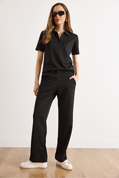 Olalook Kadın Siyah Polo Yaka Alt Üst Viskon İçerikli Takım TKM-19000483