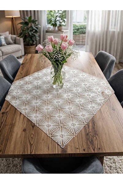 Lena Maison Ella Lace Table and Fiskos Coverlet Gold Glitter Cream Color 95X9...