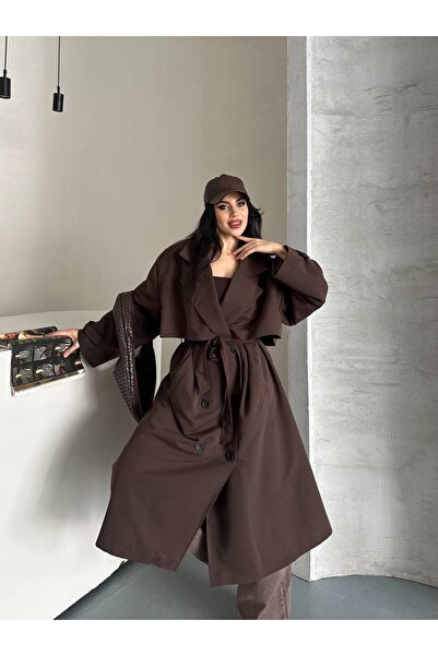 VESS MODA Kadın Ön ve Arkası Rüzgarlık Yeleli Cepli Kuşaklı ve Düğme Detaylı ...