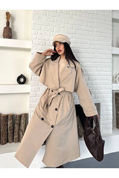 VESS MODA Γυναικεία μακριά καμπαρντίνα με αντιανεμικό μπλουζάκι μπροστά και π...