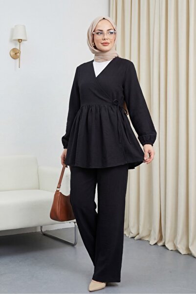 Modamorfo Σετ μουσελίνας με ελαστικά μανίκια και κορδόνια - μαύρο