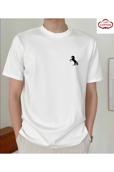 LİNA06 Men's Short Sleeve T-Shirt 100% Cotton "Horse" Print, Summer All Seaso...