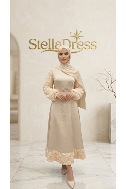 StellaDress Kolları ve Etek Ucu Gül Detaylı Bej Abiye