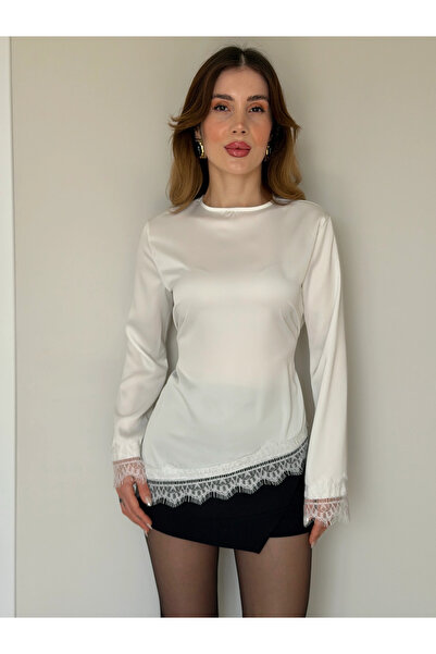 solena sln Women's Satin Lace-Up Detailed Blouse