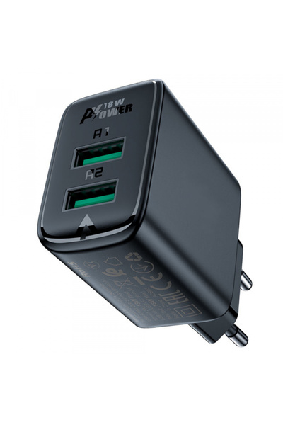 Acefast A33 Φορτιστής τοίχου, 18W, 3A, 2 θύρες USB-A, Μαύρο