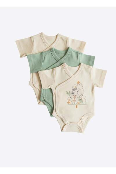 kitikate Organik Cute Bear 3'lü Kısa Kol Kruvaze Body Yeşil