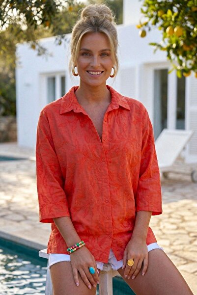 Chiccy Cămașă cu guler cu flori de rodie, mâneci 3/4, cu nasturi, brodată, di...