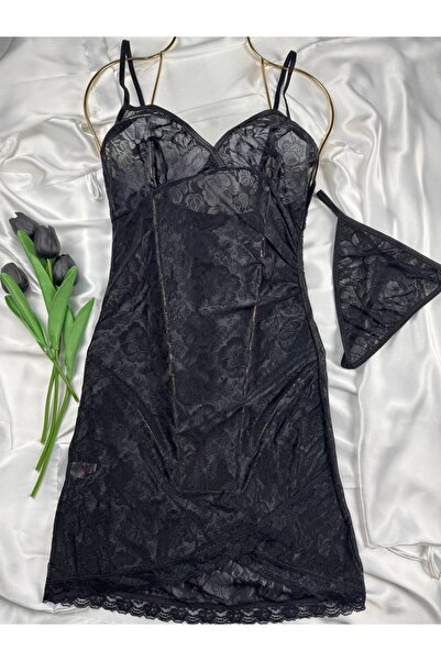 ROZENİN LINGERIE Askılı Dantelli Yumuşak Dokulu Mini Elbise Gecelik String Set