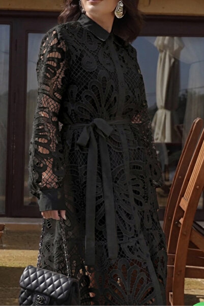 Suziş Φόρεμα με μακριά μανίκια, κεντημένο με γκιπούρ, μήκους μίντι M39394