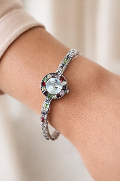 Boris Accessory Colorful Stone Detailed Silver Women's Wristwatch – Stylish a...