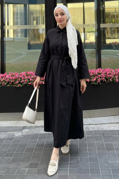 Tesettür Diyarı Γυναικείο Ισπανικό Φόρεμα με Λεπτομέρεια στους Βραχίονες - Μαύρο