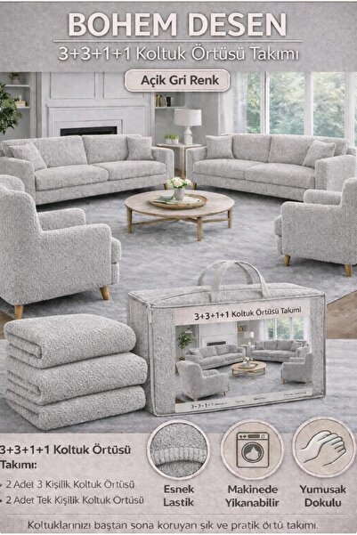 probak Κάλυμμα καναπέ με μποέμ μοτίβο κρεμ ελαστικό 3+3+1+1 Σετ ελαστικό κάλυ...