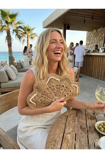 Enie Γυναικεία ψάθινη τσάντα με φερμουάρ, χειροποίητη, με ένθετα μαργαριτάρια