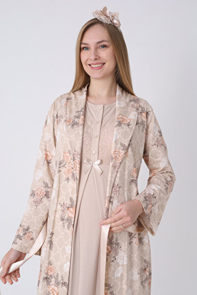 ERDENİZ TEKSTİL Maternity Nightgown and Robe Set – Maternity Set, Striped Robe and Cotton Nightgown
