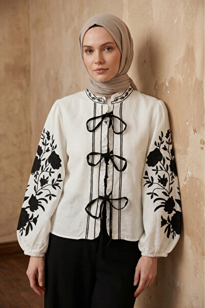 FERHEL Women's Front Lace-Up Balloon Sleeve Blouse with Embroidery Detail - W...