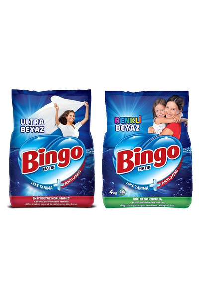 Bingo Matik Ultra Beyaz 4 kg + Renkli Beyaz 4 kg Toz Çamaşır Deterjanı 2 li Set