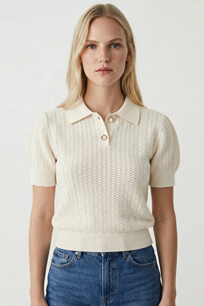 Exquise Πλεκτή μπλούζα με γιακά πόλο, διάτρητο σχέδιο και κοντό μανίκι