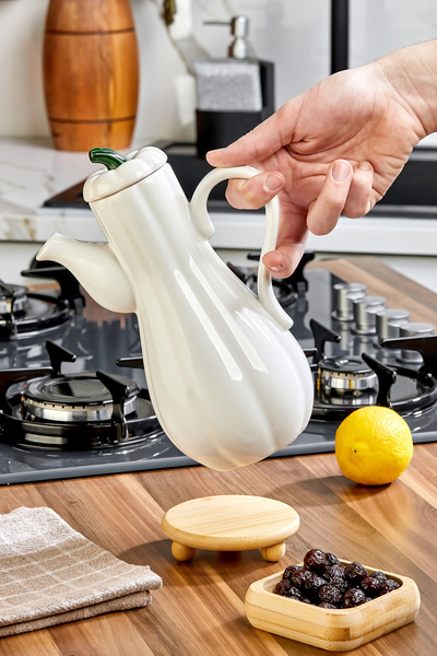 Akkoyunlu home Pumpkin Shaped Ceramic Oil Pot with Bamboo Base, White Decorat...