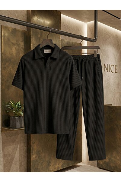 NİCE Black Men's Ottoman Comfortable Fabric Summer Top and Bottom Set - Baggy...