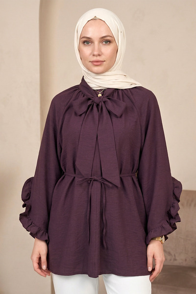 FERHEL Hijab Collar Ribbon Sleeve Ruffle Waist Tie Tunic - Plum