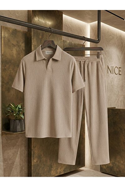 NİCE Beige Men's Ottoman Comfortable Fabric Summer Top and Bottom Set - Baggy...