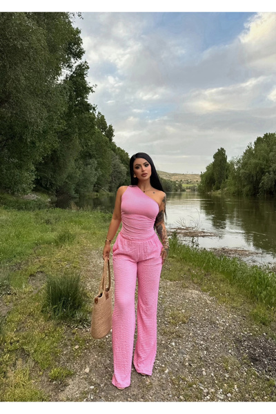 kırmızı butiks Ροζ Σετ Μονόωμης Φόρμας Δύο Τεμαχίων Gofre