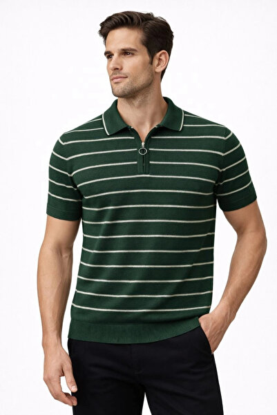 Generic Brand Men's Knitwear Polo Collar Zippered Striped T-Shirt Summer Styl...