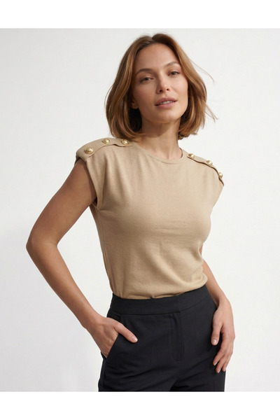 Moda Lounge YENİ ÜRÜN Pamuk Dokulu Vatkalı Düğme Detaylı Bluz