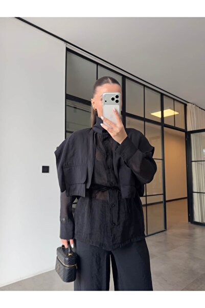 BB Bensu Buyruk Transparent Garnished Shirt and Pants Set Black