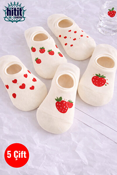 Hitit Socks Șosete de damă, 5 perechi, din bumbac, cu model căpșuni și inimio...