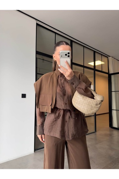 BB Bensu Buyruk Transparent Garni Shirt and Pants Set Brown