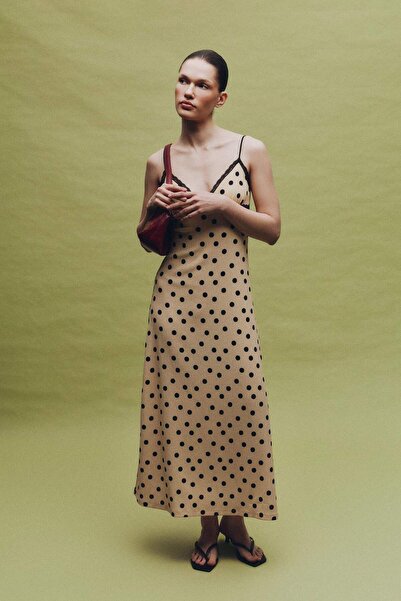 DeFacto Φόρεμα μάξι με λαιμόκοψη καρδιά, πουά και τυλιγμένα τιράντες H0808AX26SP