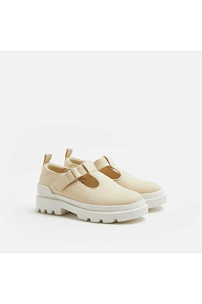 Gırls Beıge Canvas Chunky Mary Jane Shoes
