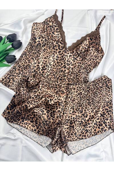 ROZENİN LINGERIE Leopar Desenli Saten Dantel Detaylı Askılı Şort Pijama Gecel...