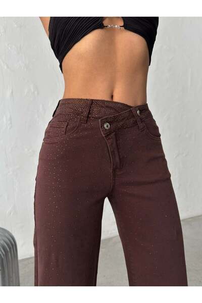 ADAMODA.RO Τζιν με φαρδιά μπατζάκια, διακοσμημένα με στρας και ασύμμετρη μέση