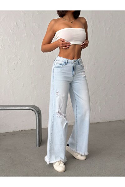 ADAMODA.RO Τζιν με φαρδιά μπατζάκια και ξεφτισμένο τελείωμα