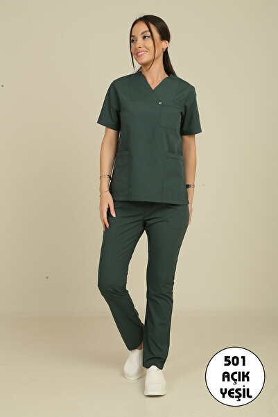 DENİZ İŞ Kadın Zarf Yaka Terycotton Scrubs Takım - Acı Yeşil