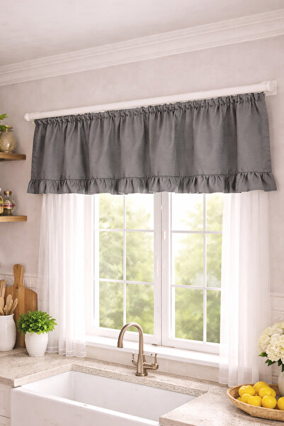 perde plus Gray Ruffle Detailed Farbela, Short Background Curtain 1 Piece Far...