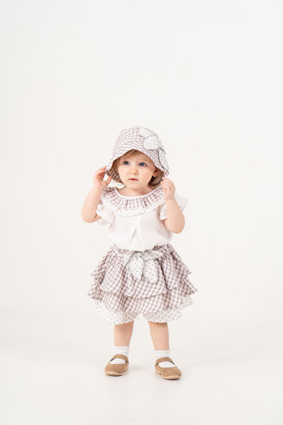 JNF kids Baby Girl Plaid Patterned Skirt Lookalike Shorts Set with Hat as a Gift